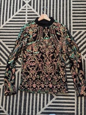 Black Long-Sleeve Sequin Embellished Top with Iridescent Accents